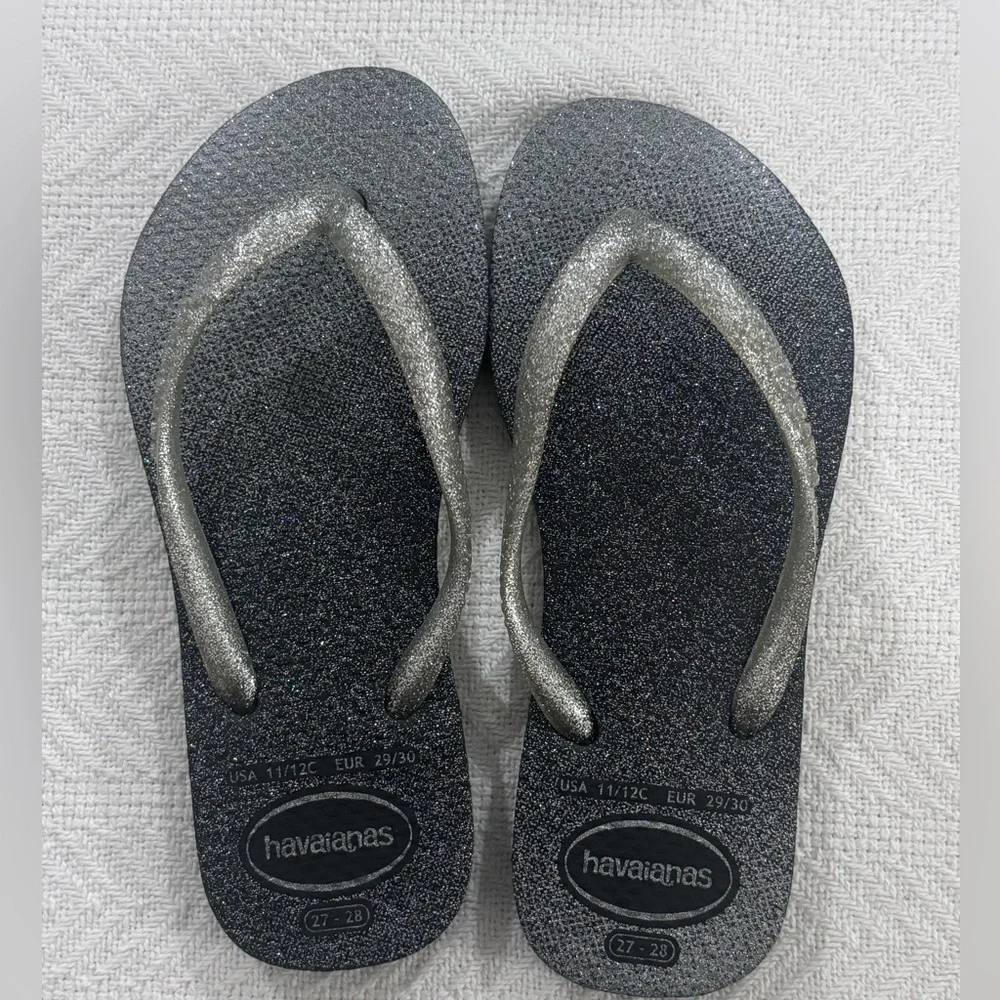 💜Havaianas Kids Glitter Black Silver Flip Flops